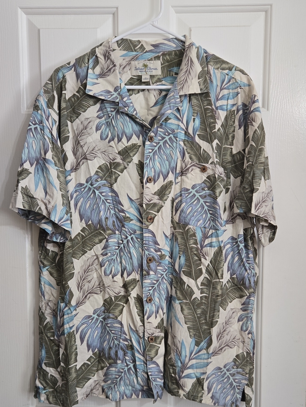 Island Escape Washable SILK Cream Shirt with Blue & Green Tropical Leaf Print